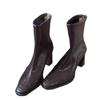 Spot version~ Korean soft leather thick heel square head small short boots retro elastic thin boots women's rear zipper high heel single boots