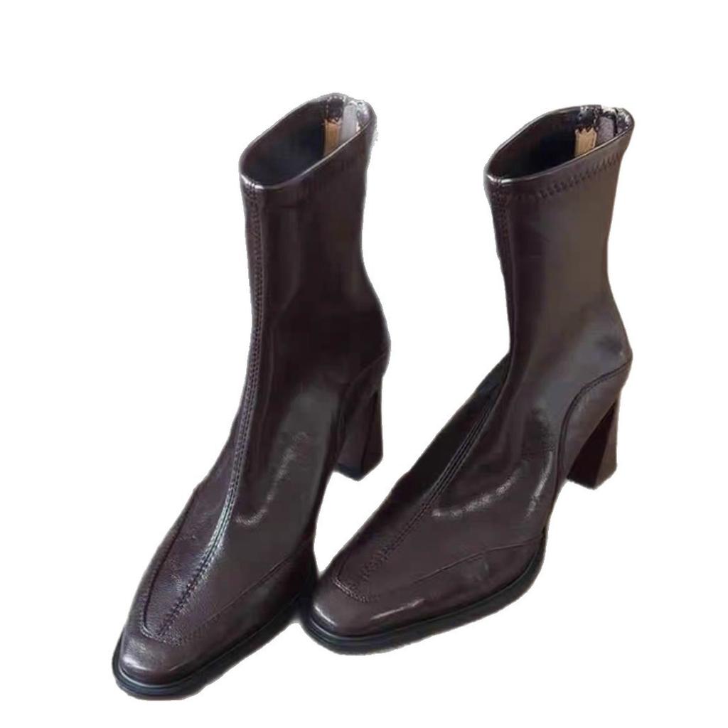 Spot version~ Korean soft leather thick heel square head small short boots retro elastic thin boots women's rear zipper high heel single boots