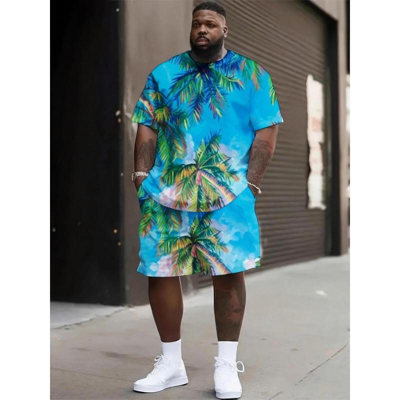

Plus Size Men s Printed Plaid Short Sleeve T-Shirt and Shorts Summer Sports Set XL