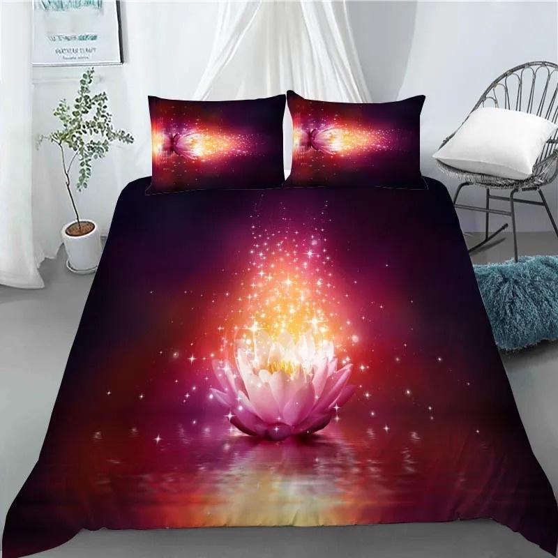 3D Lotus Flower Painting Duvet Cover Polyester Quilt Cover with Pillowcases King Queen Size for Kids Teen Adults Bed Decor Gifts