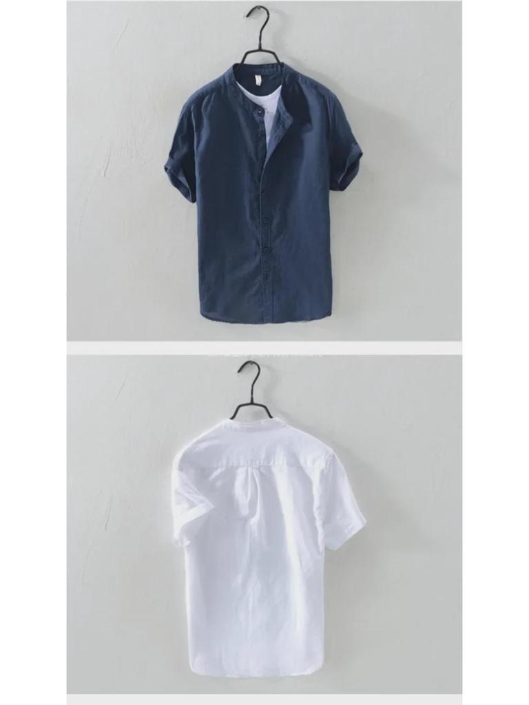 Men's Short Sleeve Stand Collar White Linen Shirt - Lightweight, Breathable, Casual, and Fresh.