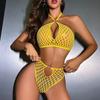 Sexy Mesh Two-piece Set with Hollowed Out Perspective Iron Rings Hanging Neck Straps Bikini Lingerie and Fishing Net Suit
