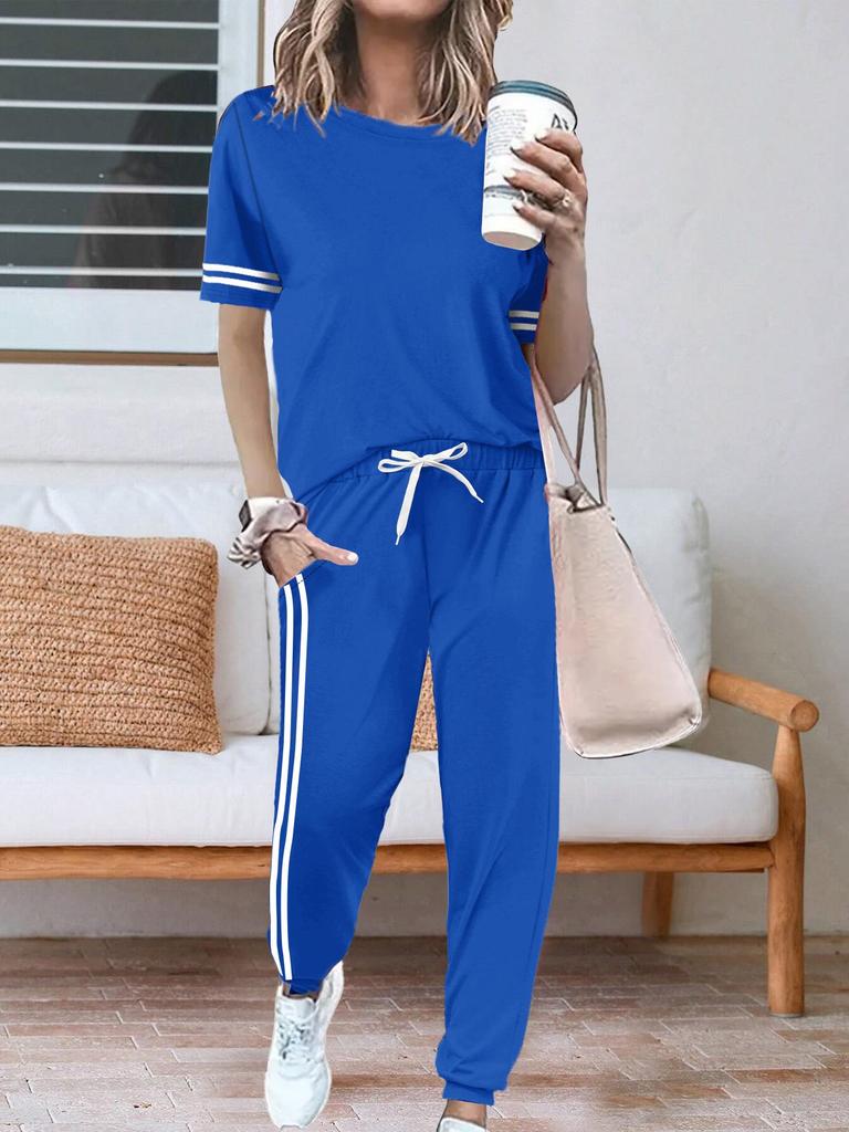 Round Neck Short Sleeve Loose Top & Lace-up Jogger Pants Women's Two-Piece Set