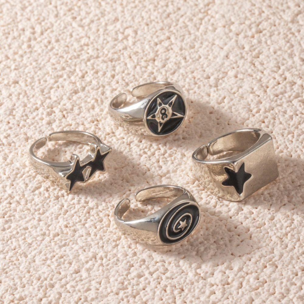 4pcs Black Five-Pointed Star Stainless Steel Rings Irregular Design Punk Couple Rings  Hiphop Style