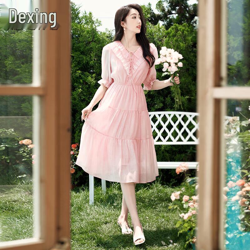 Xiangying Women s Pink V-Neck Ruffle Midi Dress M