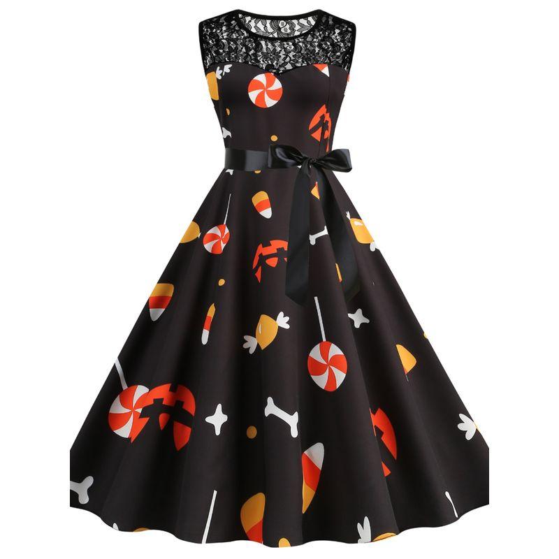 Amazon Fashion Halloween round Neck Print Lace Patchwork A- line Large Hem Mid-Length Sleeveless Vest Dress Women