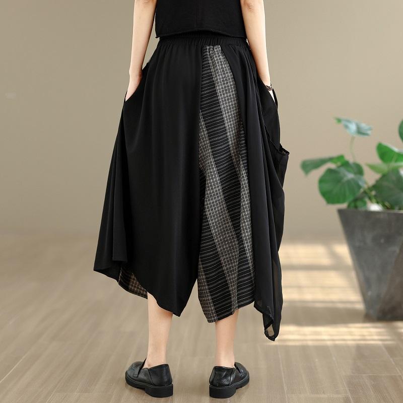 chiffon patchwork oversized Vintage plaid high Waist Casual loose Summer wide leg Cross Pants Women Trousers