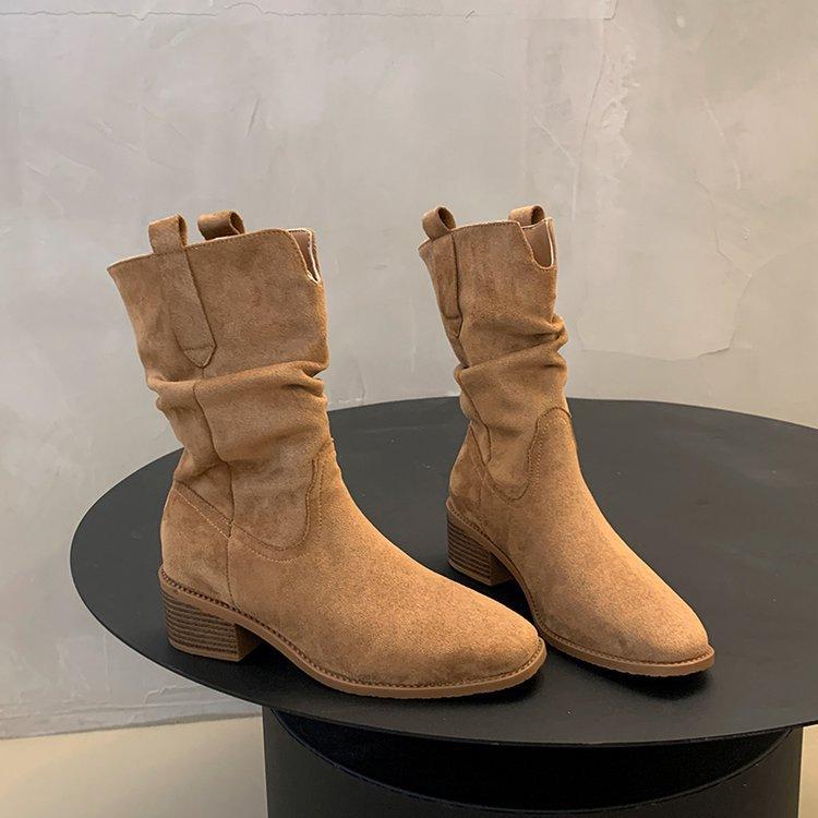 Well worn! Ruth square head ruffled thick heel mid boots western boots