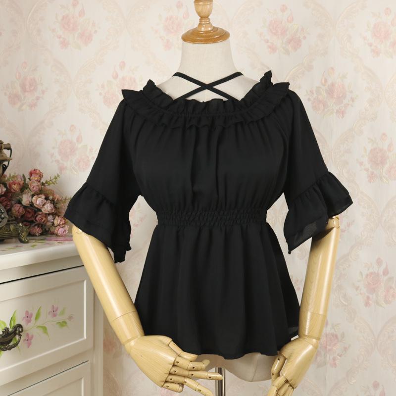Lolita Off-Shoulder Western Dress: Ruffled Chiffon Soft Girl High-Waisted Long-Sleeve Shirt