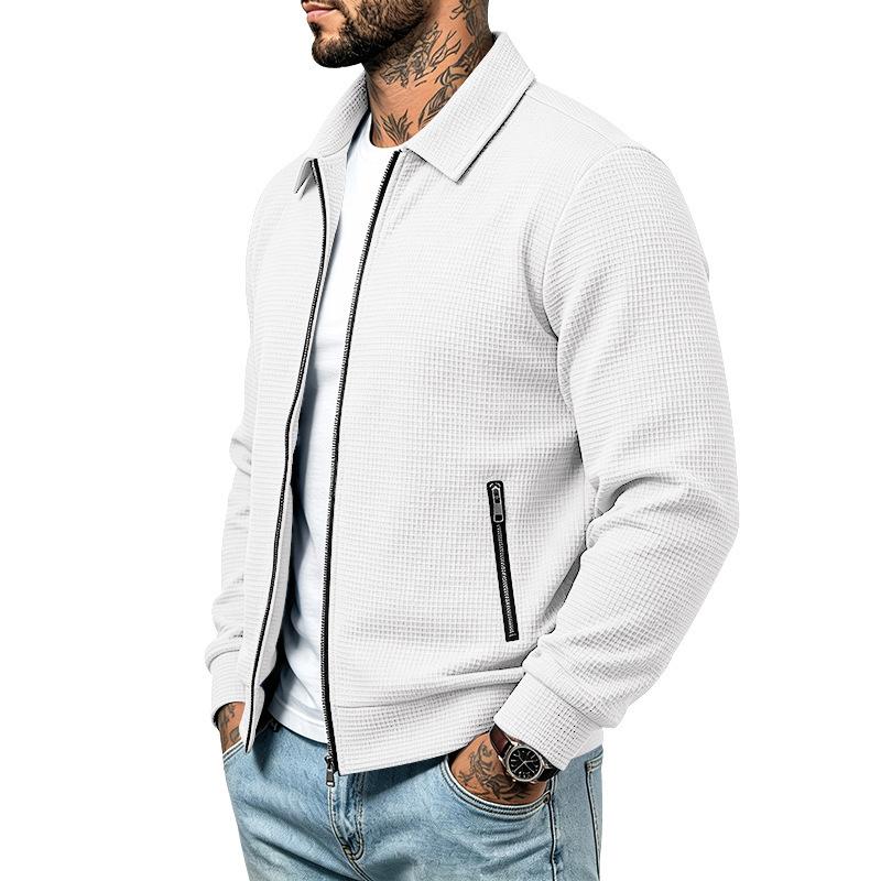 Men S Casual Waffle Knit Zip Pocket Lapel Jacket