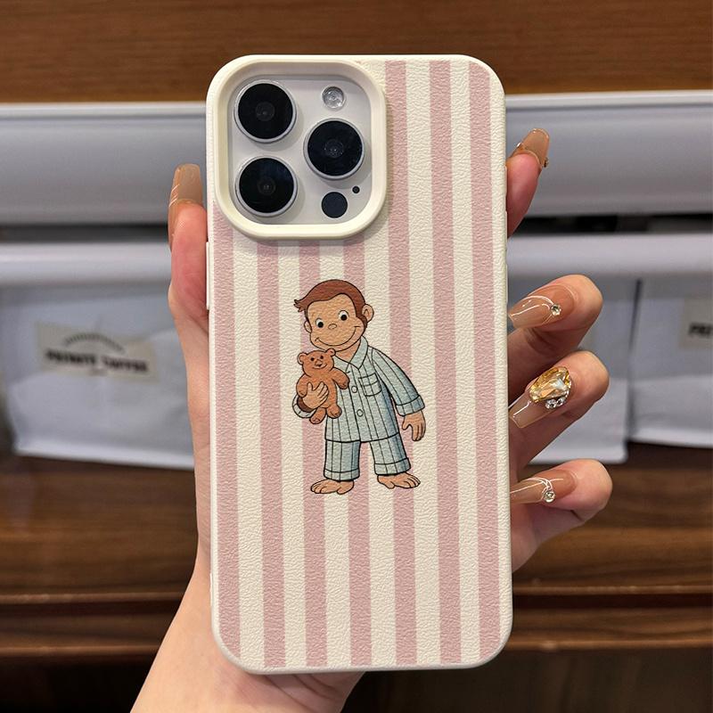 Pink Striped Cute Animal Monkey Pattern Phone Case for iPhone 11 12 13 14 15 Plus 16 Pro Max 17 Air High Durability Protection