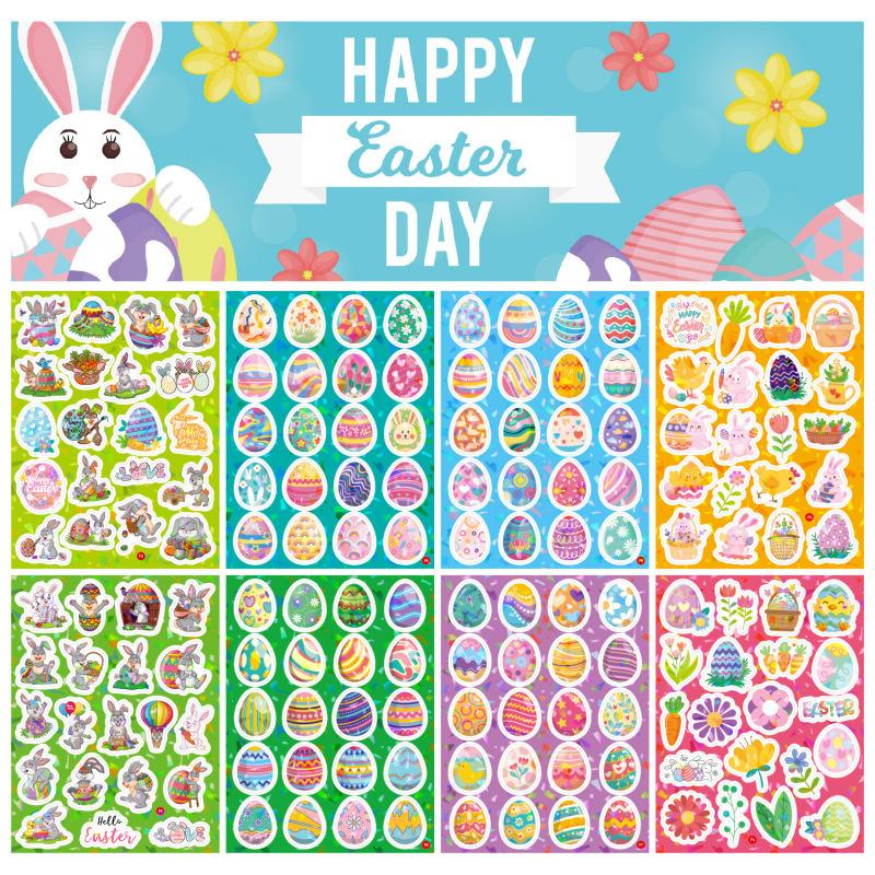 160pcs Easter Bunny & Egg Stickers - 8 Sheets Holographic Vinyl Decals for Youngsters, Party Favors, and Holiday Decorations