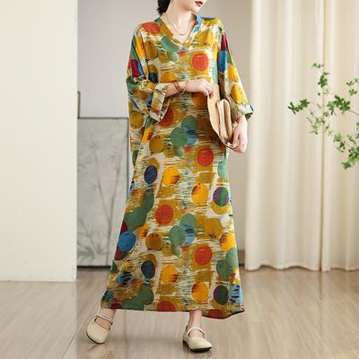 Early Spring Vacation Style Tourism V-neck Artistic Retro Mid To Long Loose Casual Meat Covering Dress