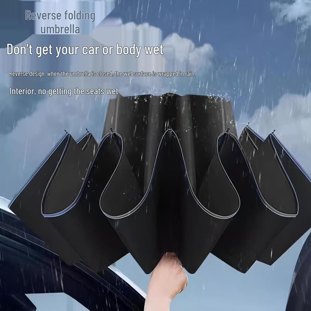 Extra Large 12-Rib Black Folding Umbrella - Heavy-Duty Three-Person Sun and Rain Protection with Custom Logo