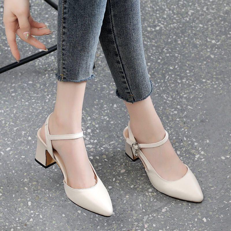 Sandály s ostrým špičkou pro ženy Jarní Korejské Silný podpatek Pásek s jednou přezkou Ležérní Jednoduché boty