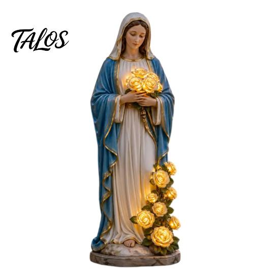 USB Garden Light Blessed Mother Statue with Flower Lamp Virgin Mary Ornament Weather-Resistant Glowing Rose Decorative for Outdoor Ambient