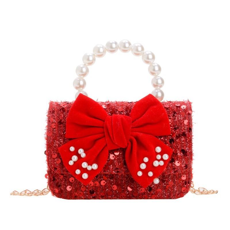 Kids Red Delightful Handbag With Stylish Chain And Charming Bow For Style Daily