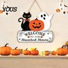 Seasonal Welcome Plaque Halloween Wood Door Sign, Pumpkin Ghost Black Cat Hanging Decor for Solid Craft Gift Front Door, Rustic Farmhouse Wall