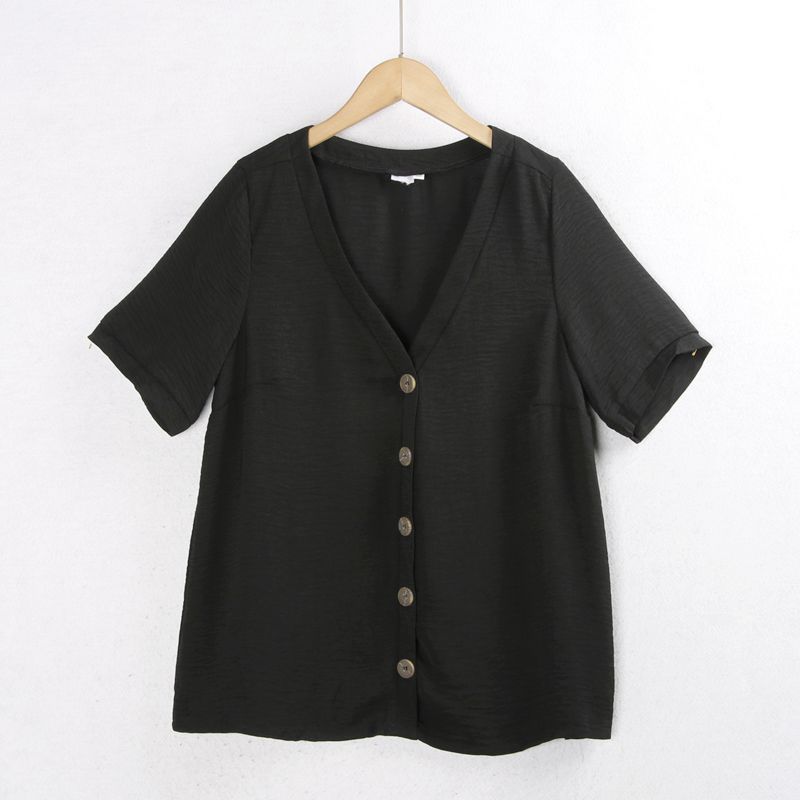 

1094 Button Short-sleeved Shirt Summer V-neck Plus size Slimming Black Versatile Temperament Shirt Women clothes Foreign Trade Black 8