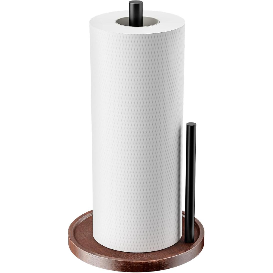 Wooden Paper Towel Holder Countertop - Kitchen Paper Towel Holder Stainless Steel with Real Wood Base, Farmhouse Paper Towel Roll Dispenser Fits