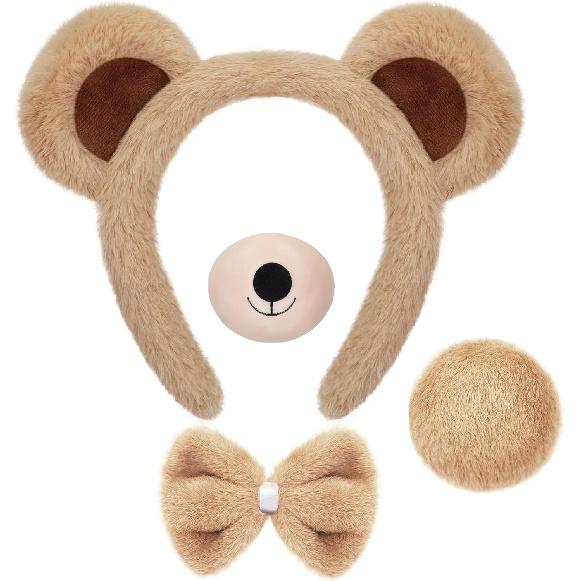 4 PCS Bear Costume Accessories Set Bear Ears Headband And Tail Bear Nose Bowtie Boys Girls Hairband Hair Accessories for 101 Day Christmas Halloween