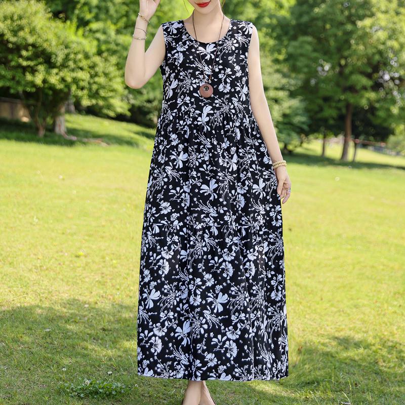 Elegant Sleeveless Dress for Women Plus Size Short Sleeve Vintage Print Long Dress Summer Casual Middle-aged Women's Clothing