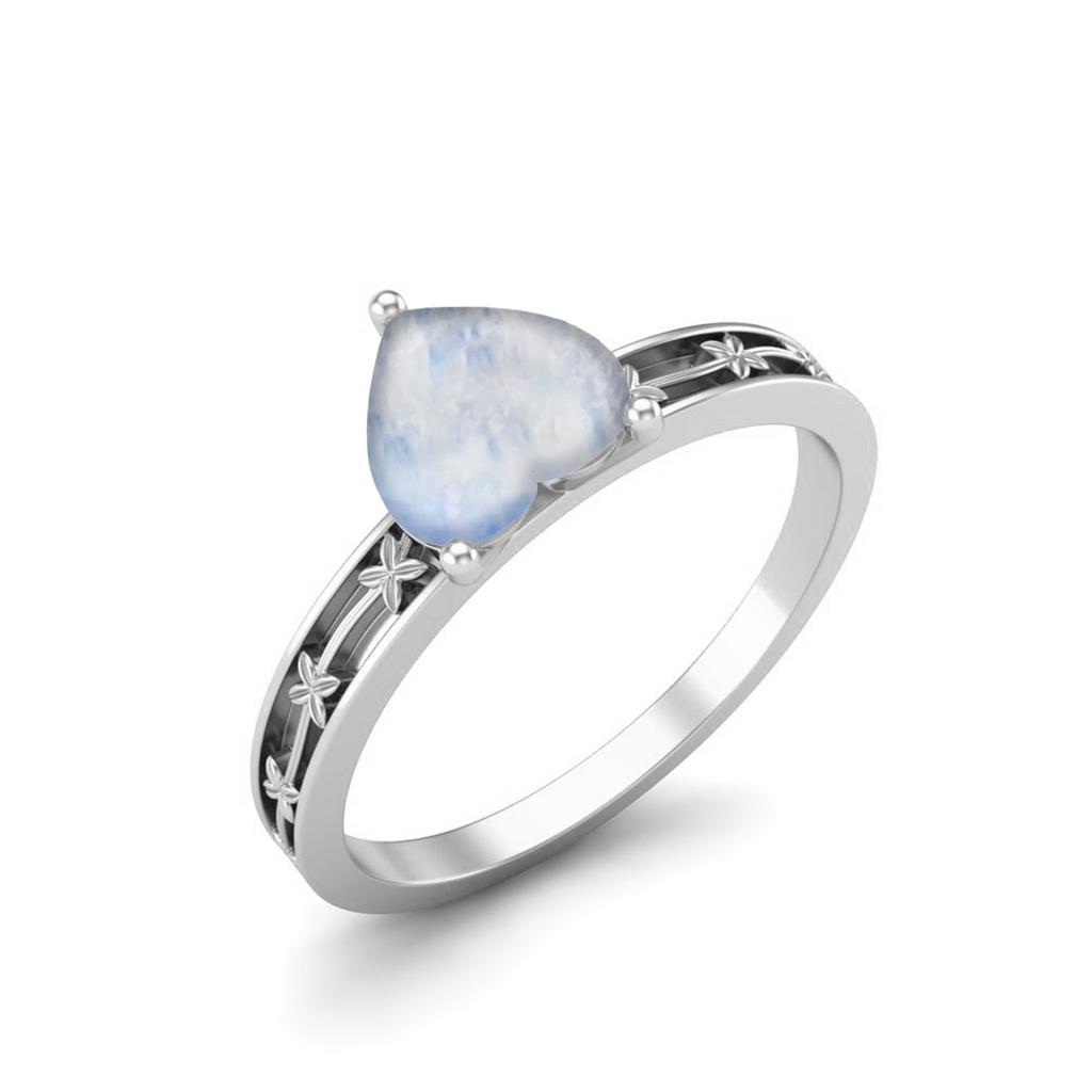 925 Sterling Silber 0,75 Karat Herzform Mondstein Solitär Blume Gravierter Schaft Hochzeits Damen Ring