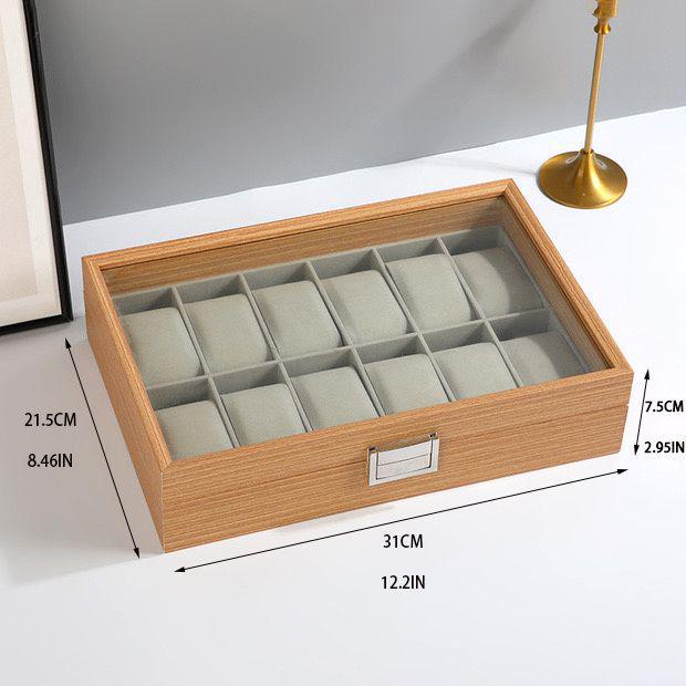 Large-Capacity Wooden Watch Display Box with Glass Lid