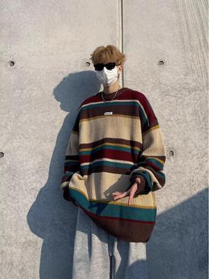 2025 American Trend Retro Color Block Stripe Loose Knit Sweater - Autumn/Winter Japanese Style