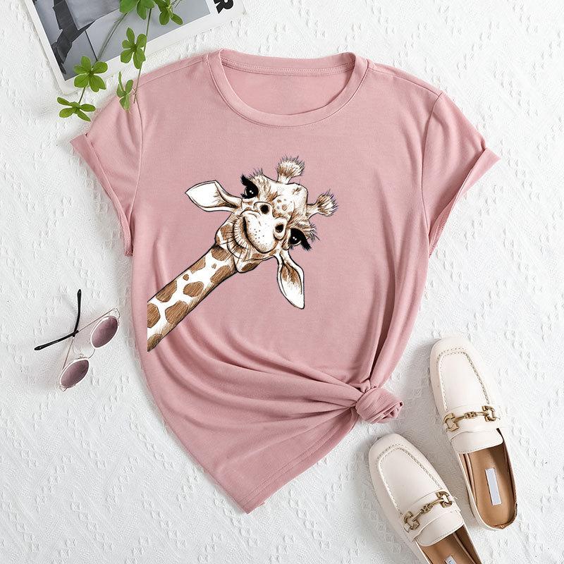 Summer Women's Plus Size Giraffe Print Loose Round Neck Casual Pure Cotton Short Sleeved T-shirts Women's