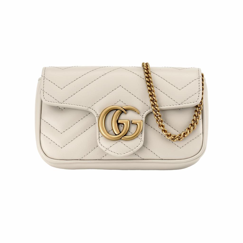 Gucci Borsa a tracolla messenger in pelle trapuntata con logo Double G Marmont, ultra mini, modello da donna, grigio chiaro
