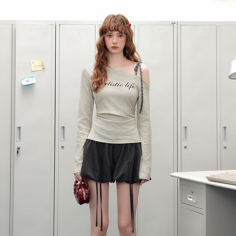 unifree American Retro Letter Print Off-Shoulder T-Shirt