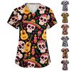 Women's V-Neck Short Sleeve Work Top with Pockets Print Caregiver Uniform Shirt
