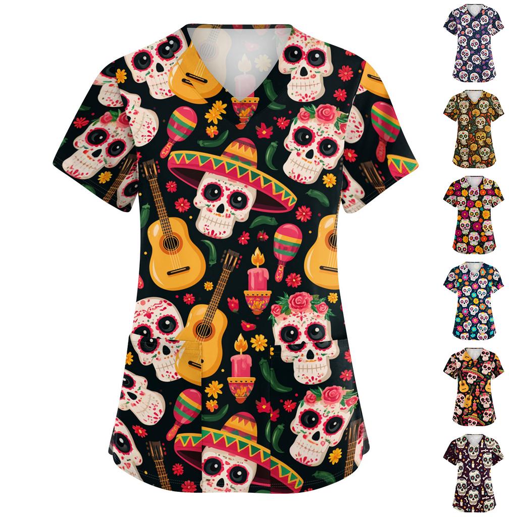 Women's V-Neck Short Sleeve Work Top with Pockets Print Caregiver Uniform Shirt