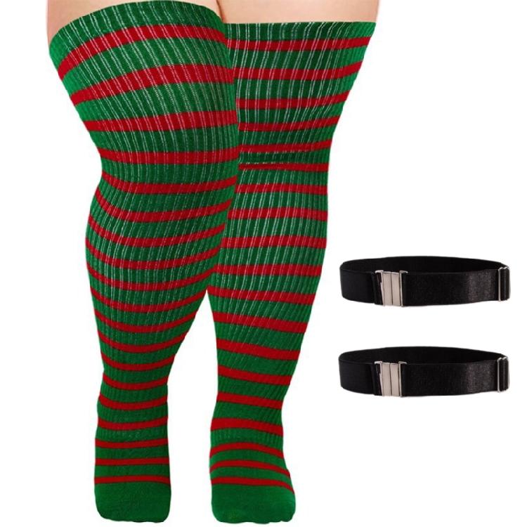 Halloween Weihnachten Gestreifte Gestrickte Oberschenkelhohe Socken für Damen Dicke Oberschenkel Überknielange Strümpfe Super Elastische Strumpfwaren