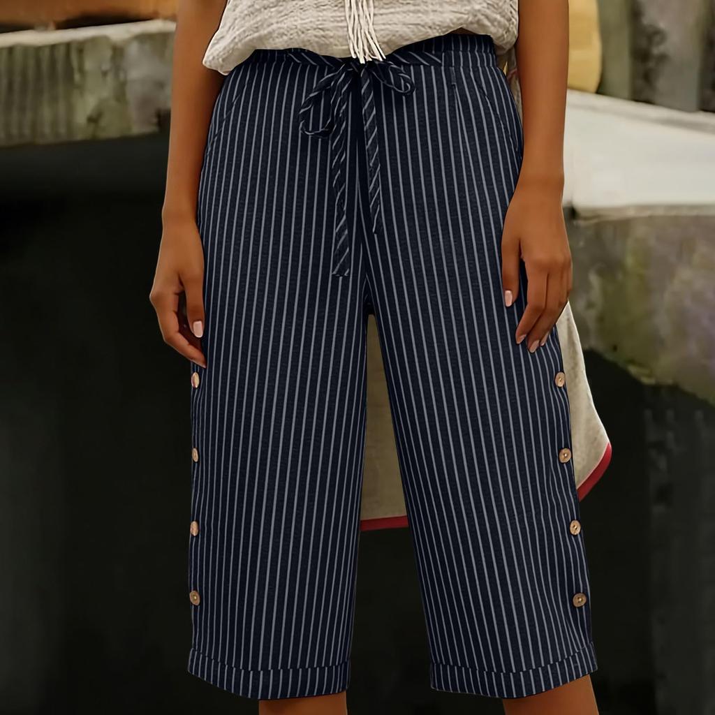 Dames Zomer Mode Gestreept Elastische Taille Vijfkwart Broek Casual Losse Zak Shorts