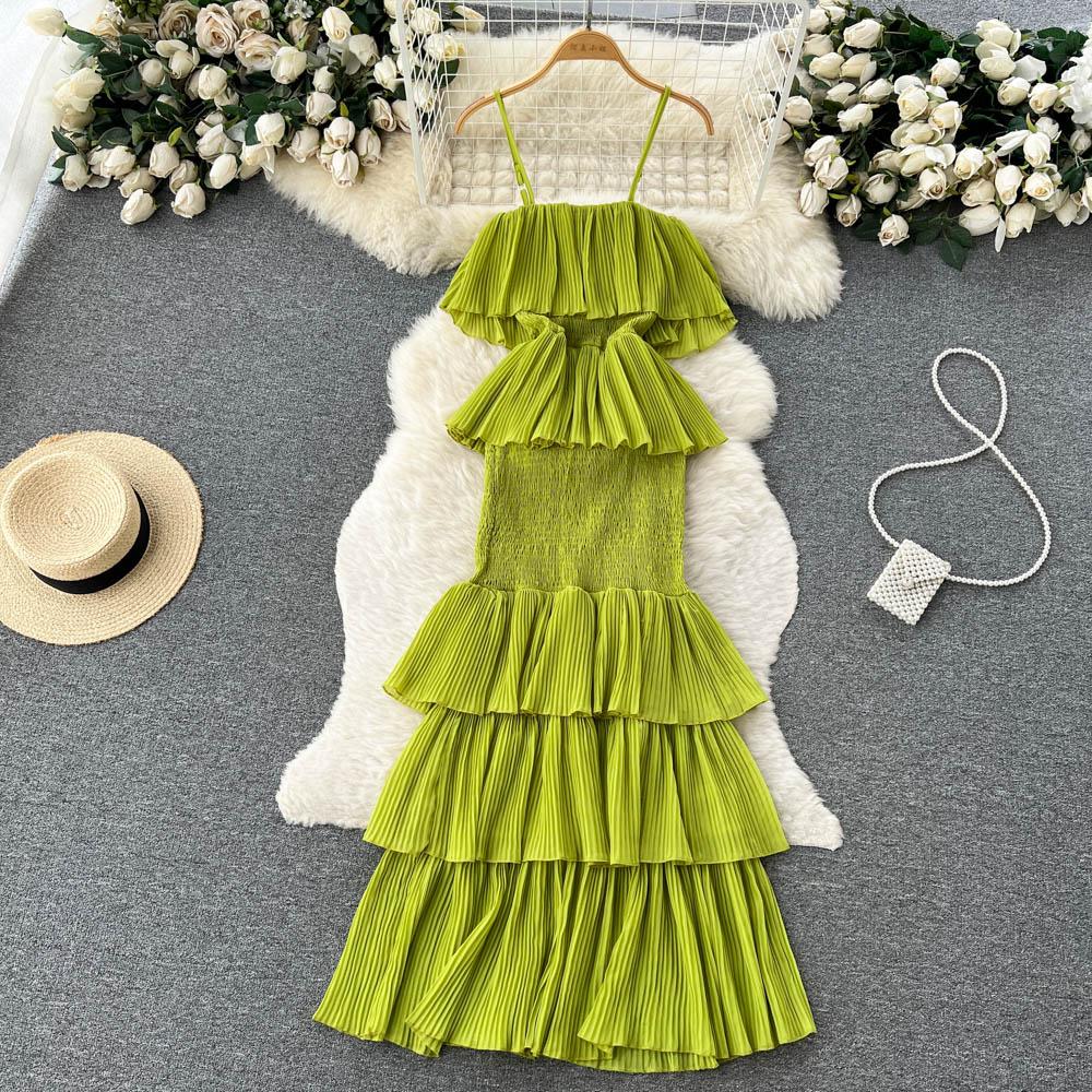 Kvinnor Sommarklänning Söt Chiffong Suspender Temperament Fransk Mildhet Elegant känsla Volang Tårta Feeklänning D3227