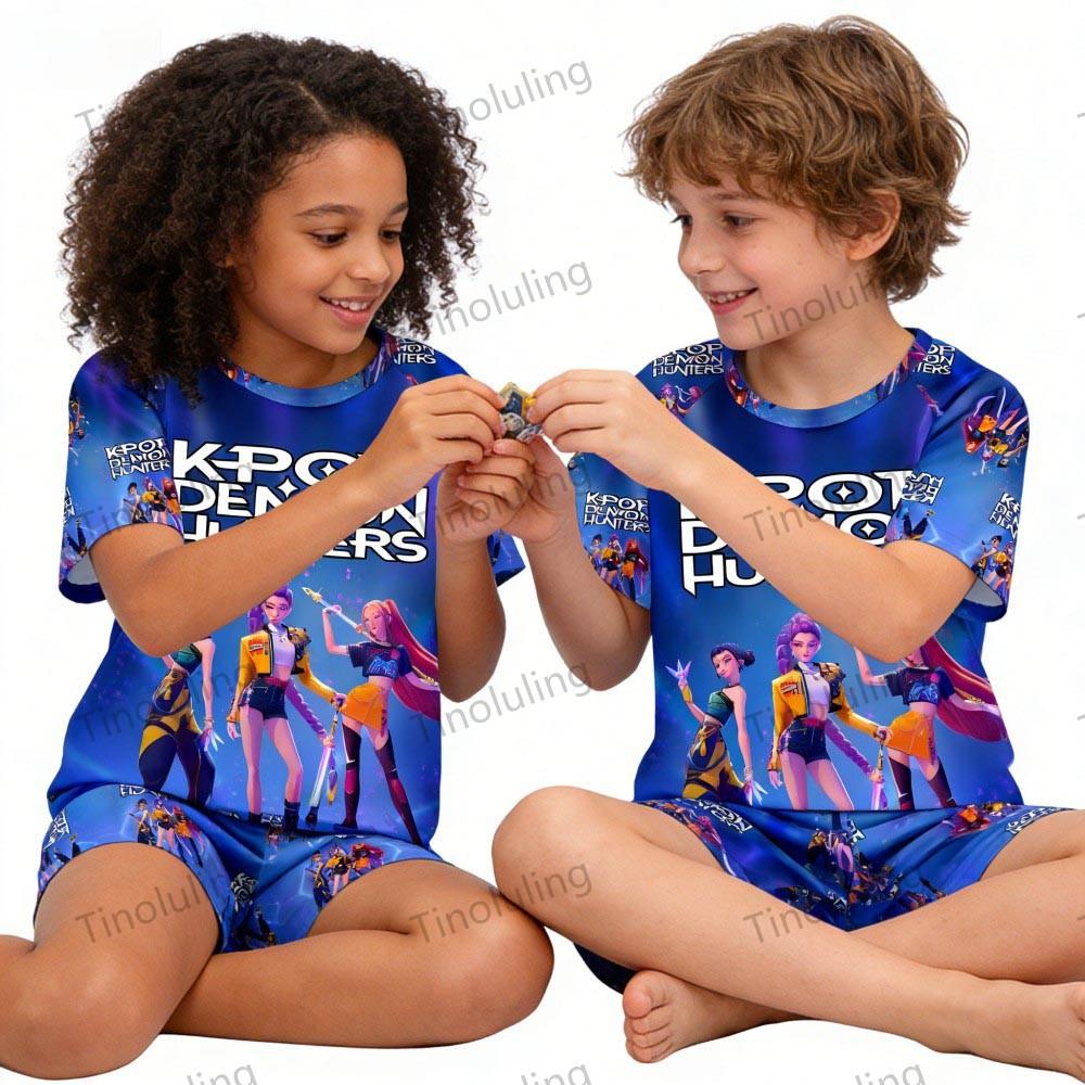 Boys Girls Pajamas Sets Summer Kids Pjs Short 3 5 6 7 8 9 10 11 12 Years Funny Toddler Pyjamas Kpop Demon Hunters Child Clothing