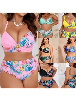 European Plus Size Floral Split Bikini with Drawstring