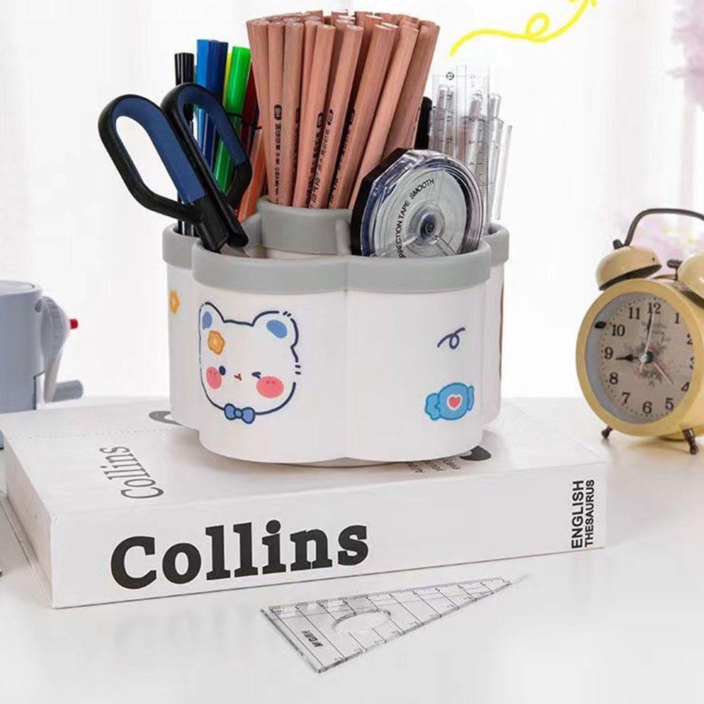 360° Rotating Pencil Organizer with Cartoon Sticker Makeup Brush Holder  School Office Supplies