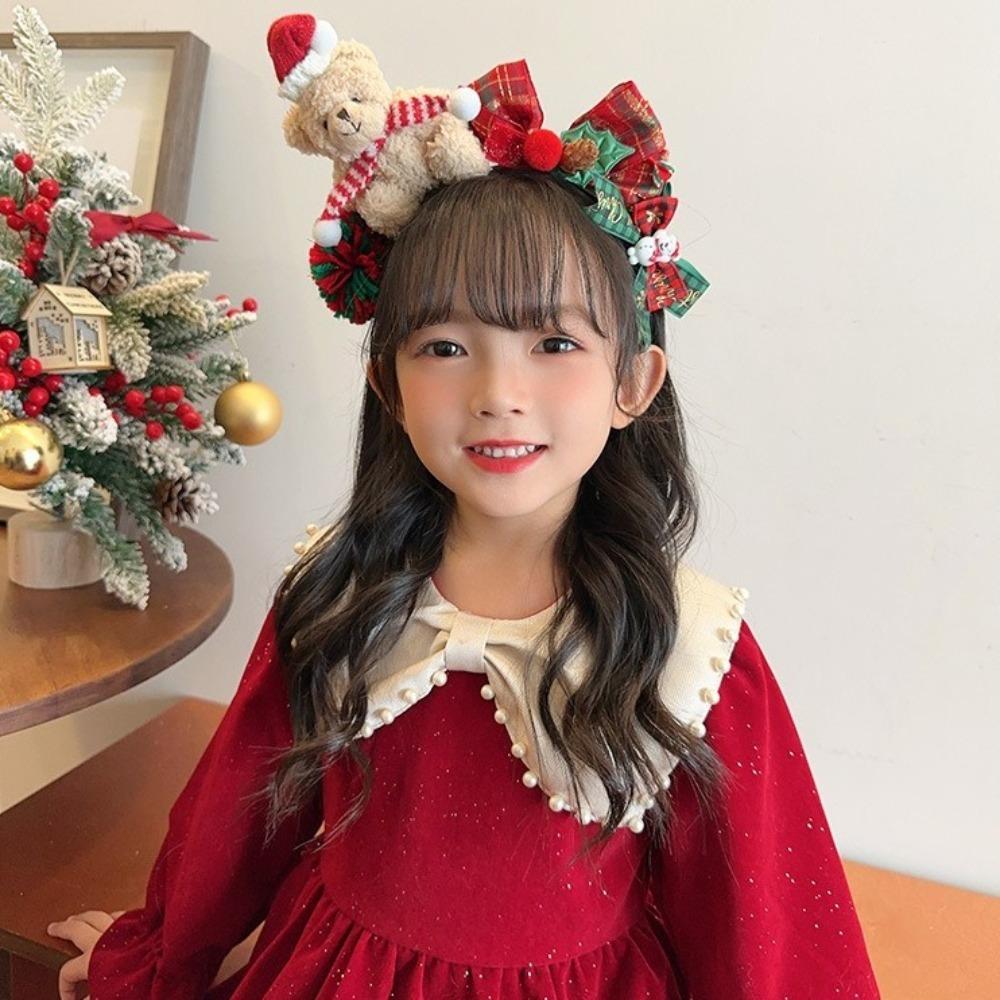 Bear Children Headwear Fluffy Plush Bow Hair Accessories Cute Christmas Headband  Christmas Gifts