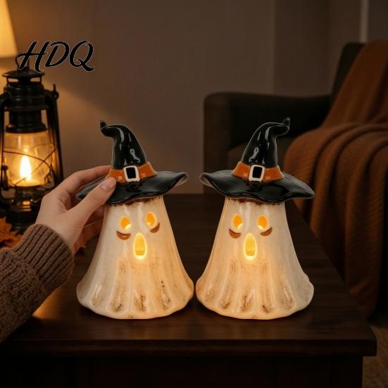 Farmhouse Style Autumn Decor Witch Hat Ghost Tealight Candle Holder Vintage Resin Halloween Tabletop Gift for Enthusiasts with Warm Glow Mantel Shelf