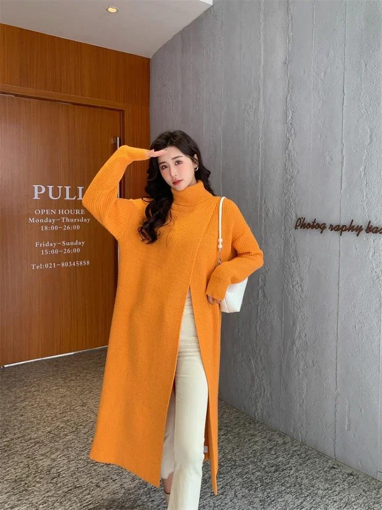 Neu im Herbst Winter Damen Strickpullover Lange Kleider Hochgeschlossenes, geteiltes, lockeres Pulloverkleid Lässiger Temperamentpullover mit Kleidung der unteren Schicht