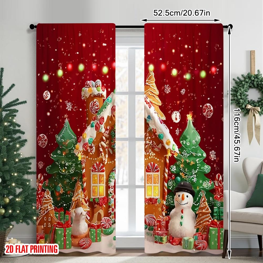2 Stück 2D-Flachdruck Frohe Weihnachten Beliebtes Vorhang Lebkuchenhaus Weihnachtsszene Kunstwerk 100% Polyestergewebe Ohne