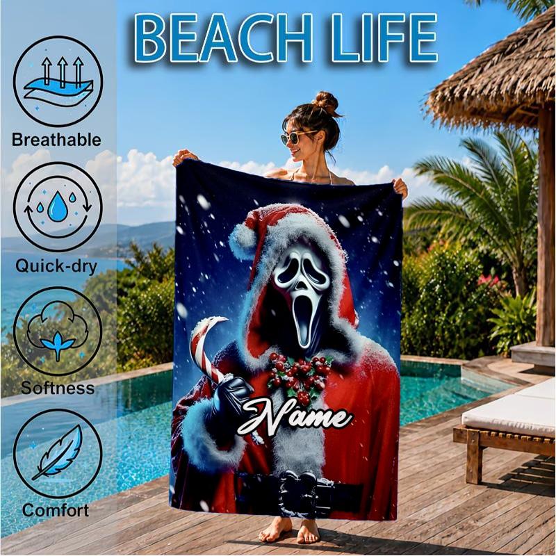 Custom Name Ghostface Horror Theme Beach Towel Microfiber Beach Towel, Lightweight and Quick-Dry, for Summer Travel, Swimming Pool Gift