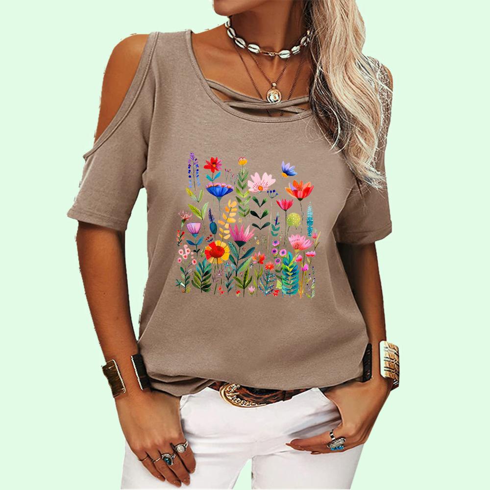 Women Fashion Round Neck Top Summer Off Shoulder Tee Shirt Casual Floral Print Short Sleeve T-shirt