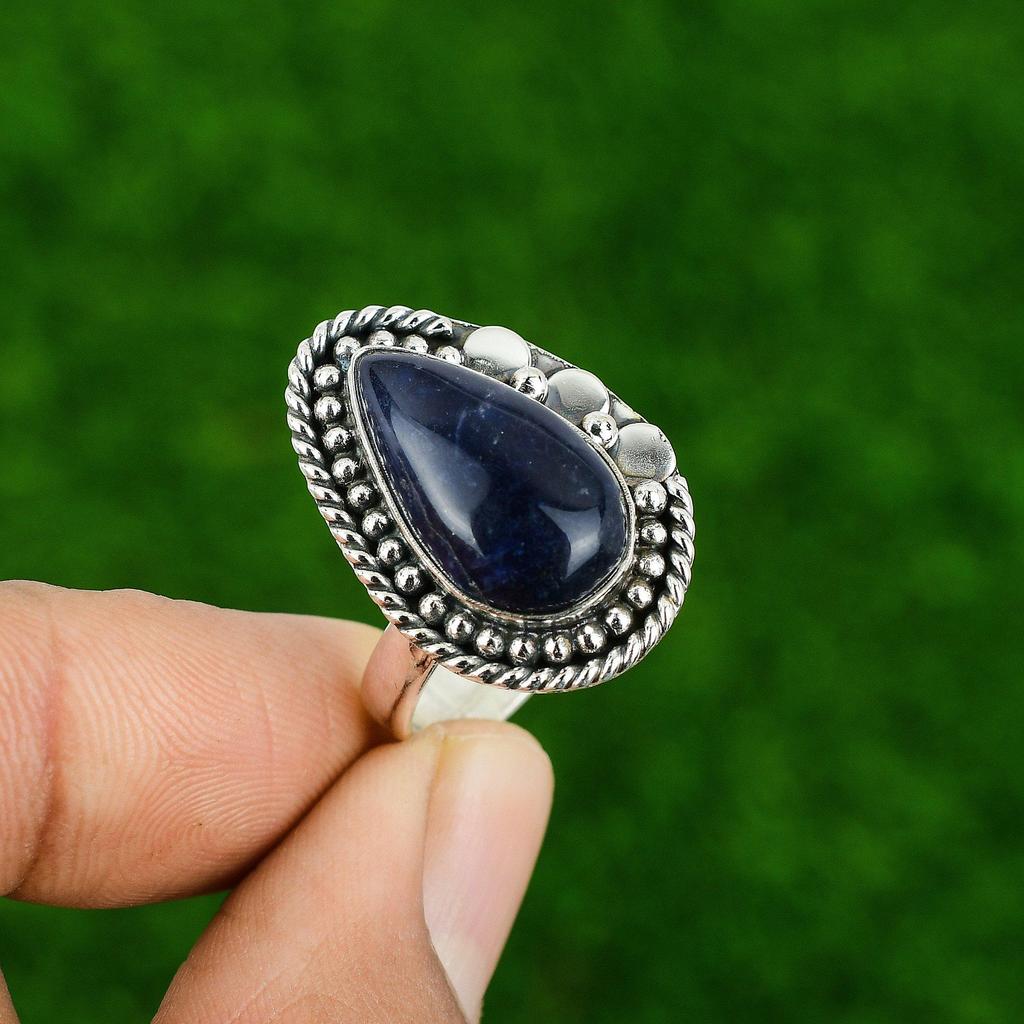 Sodalite Gemstone 925 Silver Engagement Handmade Statement Bezel Ring Jewelry