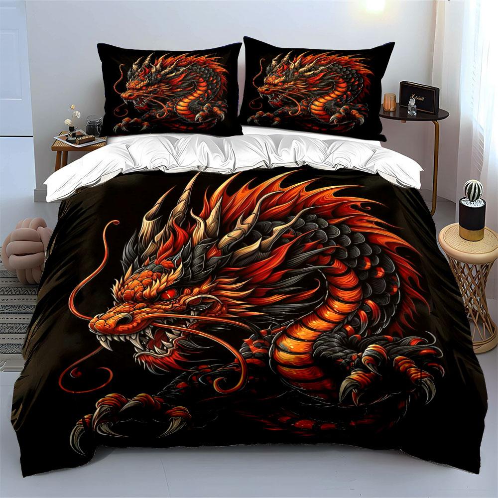 Chinese Red Fire Oriental Dragon Duvet Cover Set Black Traditional Tattoo Bedding Includes 1 Duvet Cover And 2 PillowcaseGift