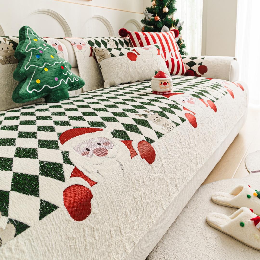 1 шт. Рождественский Санта Жаккардовый Шенилл Противоскользящий и Защищающий от Царапин Чехол для Дивана, для Рождественской Праздничной Атмосферы, Тематический Декор Гостиной 90x90cm зелёный