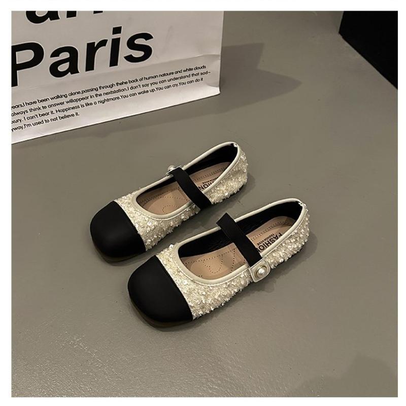 Fashion Women's Flat Shoes Black Round Toe Sequins Ladies Footwear Low Heel Elegant Slip on 2025 Summer Fashionable Korean Style Popular